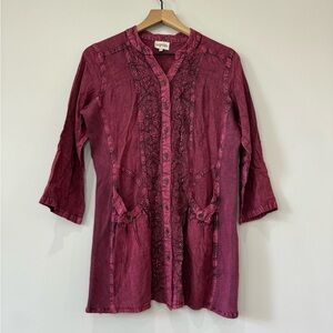 Signals boho embroidered floral rolled up sleeve front pocket tunic top medium